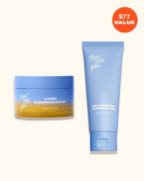 Blue and amber cleansing balm jar next to a blue tube of cleansing gel with white text.
