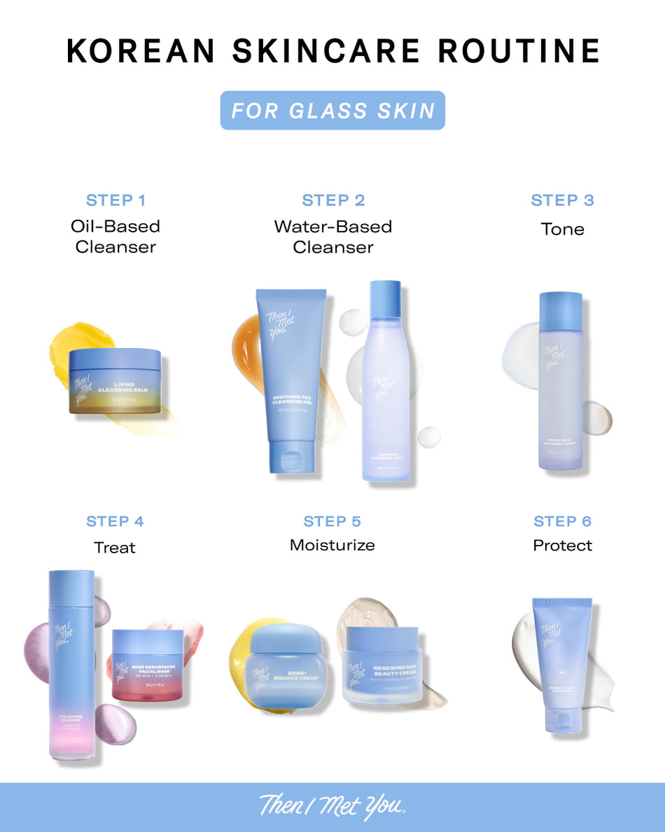 Living Cleansing Balm jar with blue lid and translucent yellow balm, part of Korean skincare routine display.